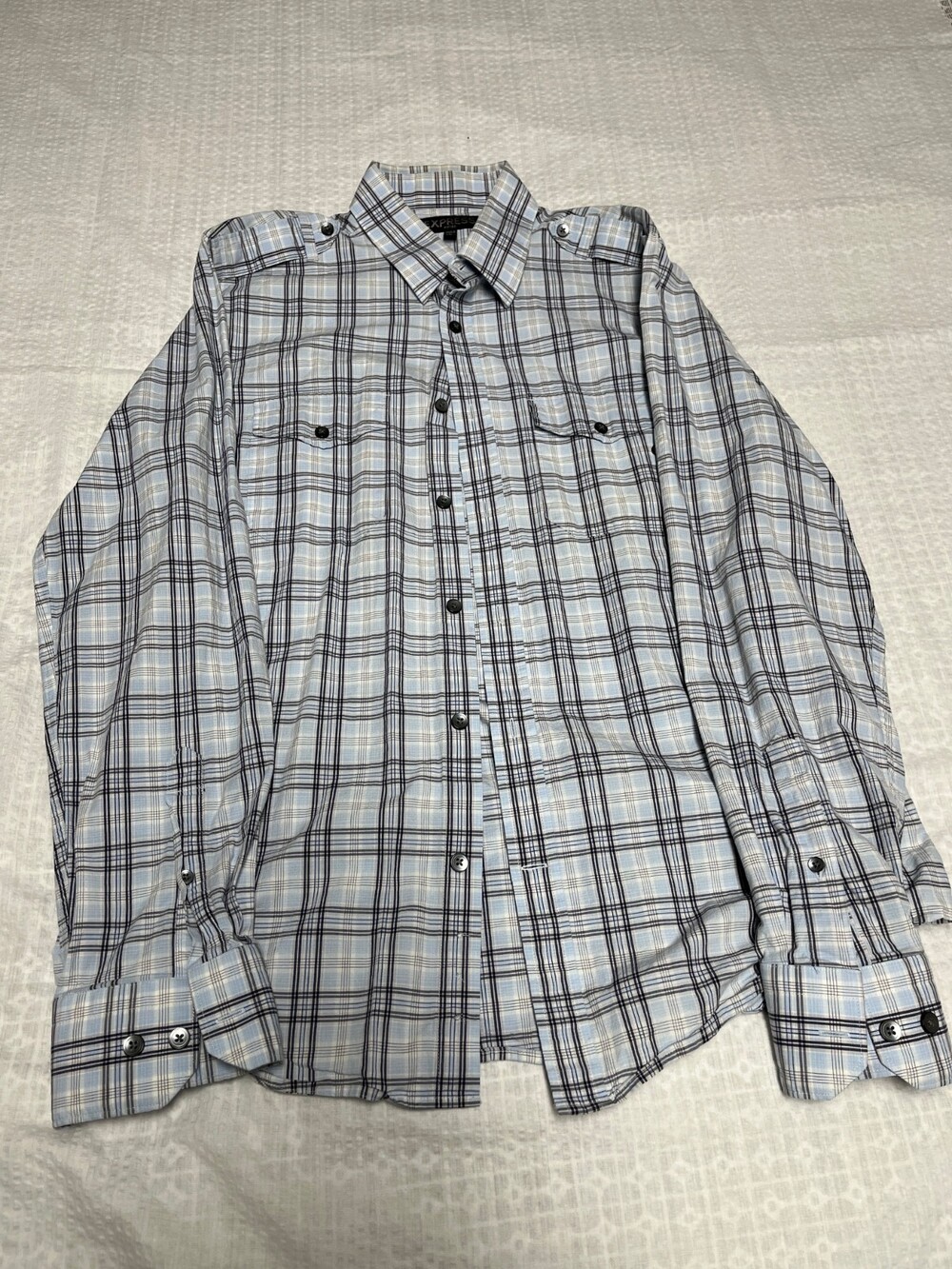 Men's Express long sleeve shirt size large 16 16 1/2 multi color plaid epaulets